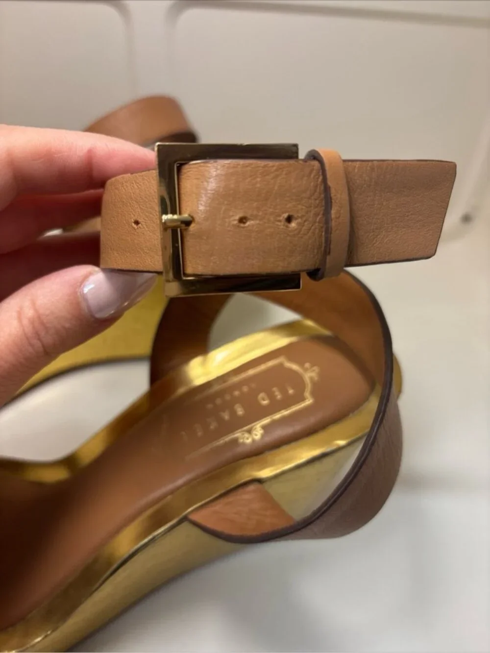 Ted Baker Gold-Platform Wedge with Brown Ankle Strap and Snake-Print Toe